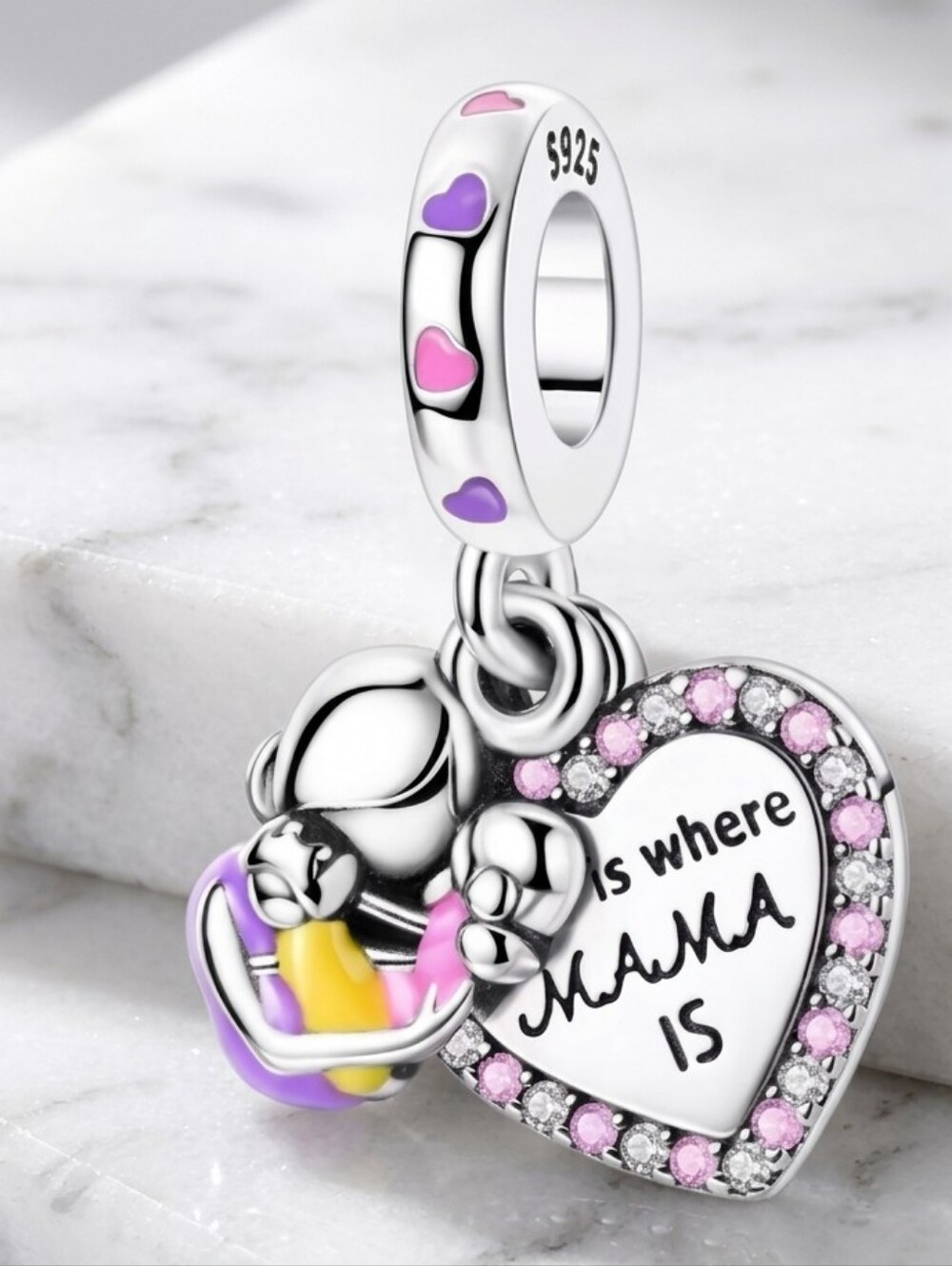 Sterling Silver Pink Heart "Is Where Mama Is" Dangle Charm